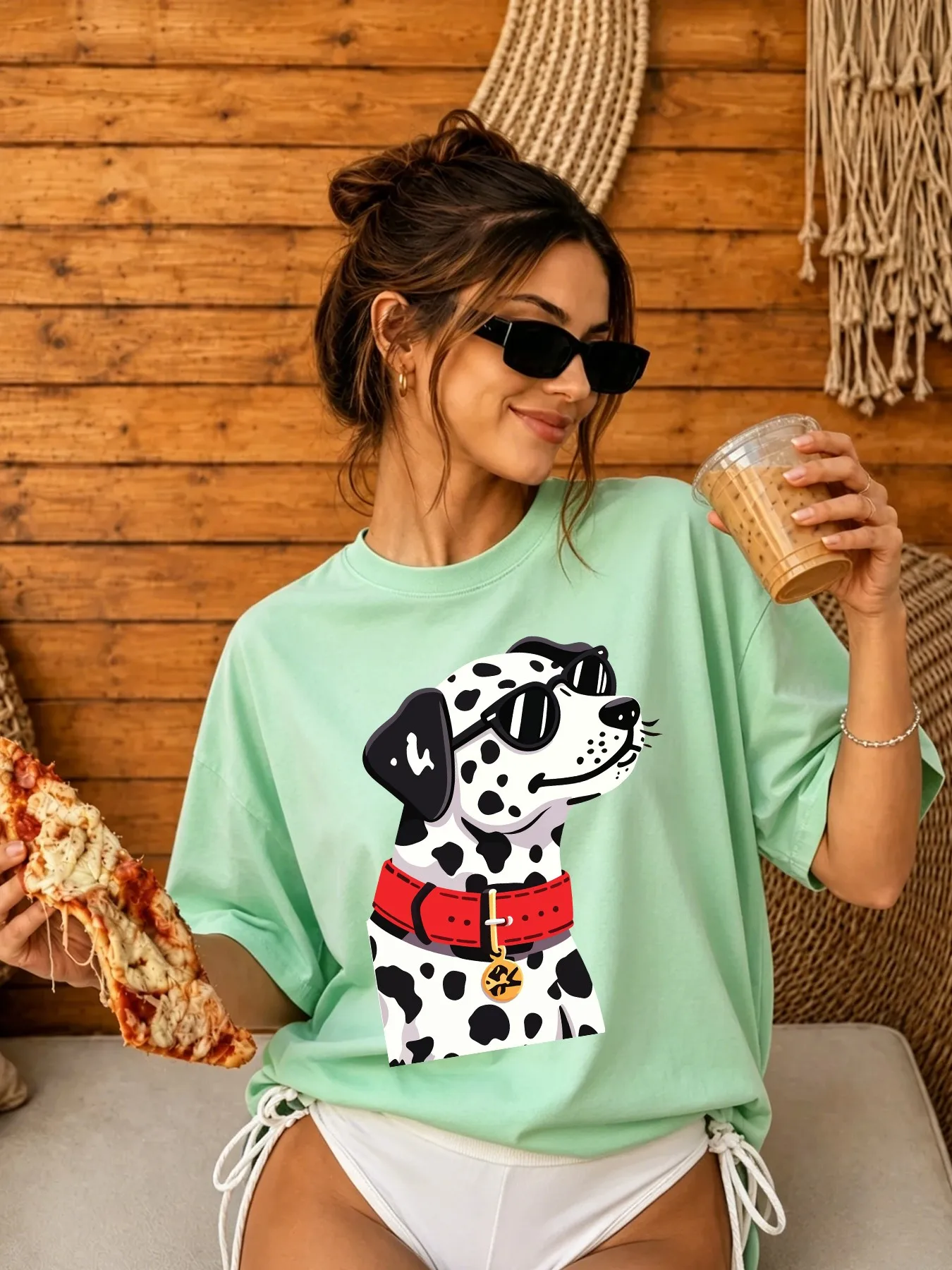 Cartoon Sunglasses Spotted Dog Printing Breathable Cool T-Shirt Woman Hip Hop Cotton Short Sleeve Soft Comfy Street Sportswear