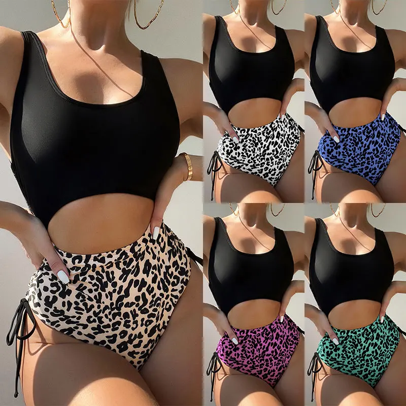 Leopardo Maiô One Piece Sexy Cut Out Swimwear Mulheres 2023 Patchwork Maiô Cordão Bodysuit Gravata Lado Monokini