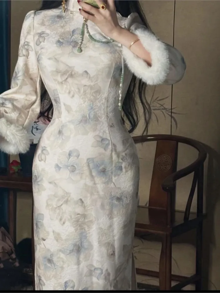 

Gentle and elegant thick wide-sleeved cheongsam dress