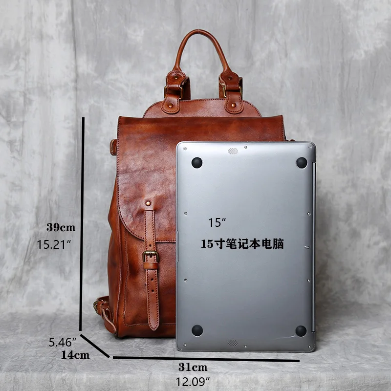 Top Vegetable Tanned Cow Leather Backpack For Men\'s Manual Color Wiping Genuine Leather Large Capacity Leisure Computer Bag