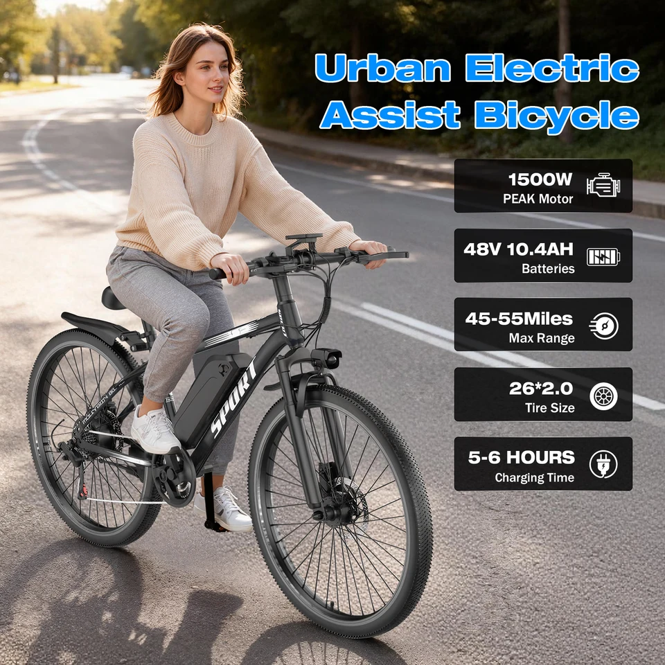 ASKGO Adult Mountain Electric Bike, 1500W Peak Motor, 25MPH Max Speed, Max 30° Climbing Capacity, 55 Miles Range, 7-Speed Gearshift, 48V 10.4Ah Removable Battery, 26" All-Terrain Electric Bicycle for Commute, UL2849 Certified image 9
