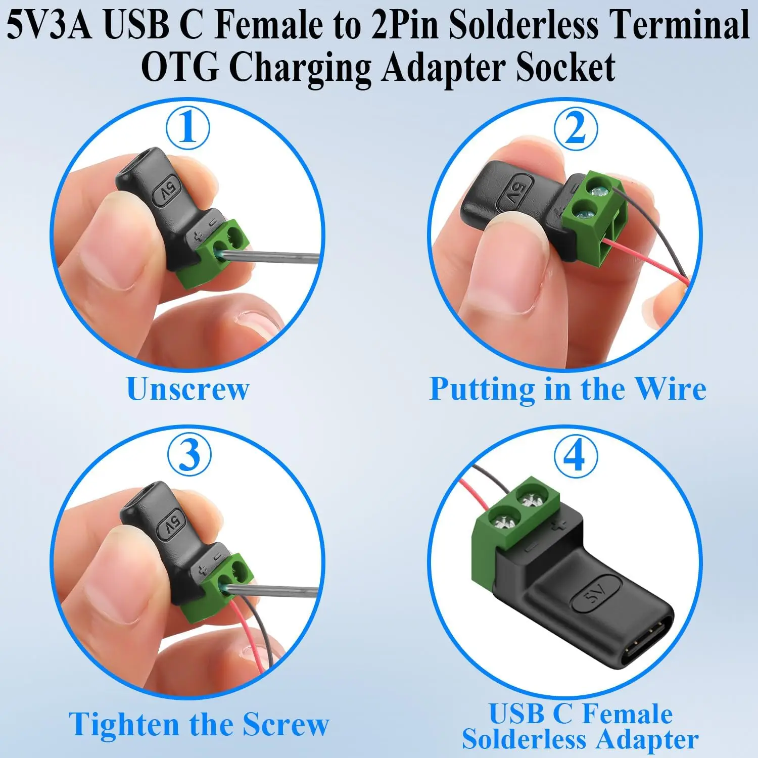 1/10PCS 5V USB C 2Pin Solderless OTG Adapter Socket Type C Female To 2 Pin Terminal Block Solderless Charging Connector - view 6