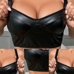 Womens Elastic Wet Look Patent Leather Bra V Neck Shoulder Lady Strap Crop Tops Uniform Temptation Clubwear Lenceria Femenina