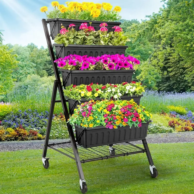 5-Tier Vertical Garden Bed with Lockable Wheels & Storage Rack - 4FT Raised Planter for Indoor/Outdoor Plants