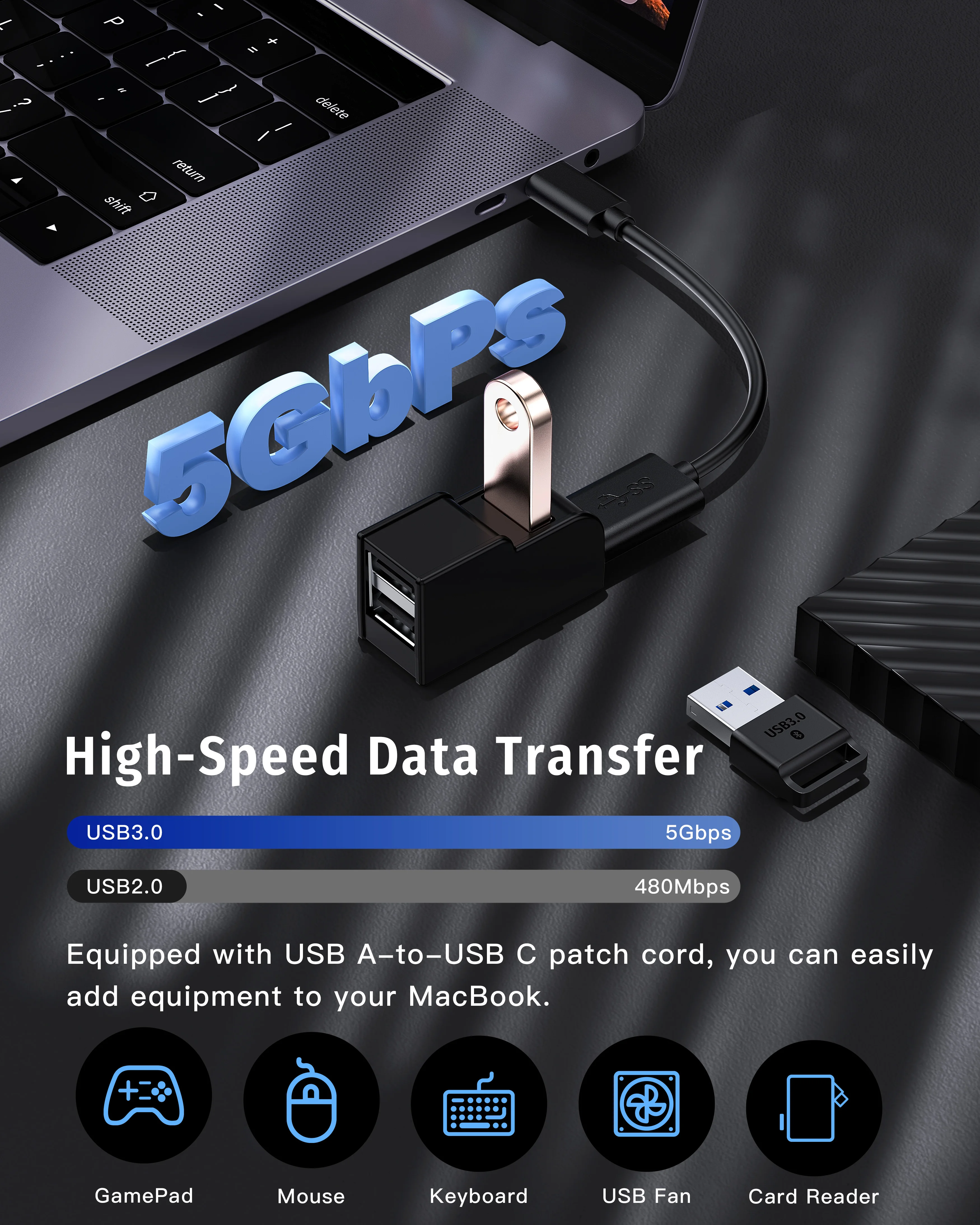 Adattatore HUB USB 3.0 Extender Mini Splitter Box da 1 a 3 porte USB 2.0 ad alta velocità per PC portatile Lettore di schede disco U Accessori