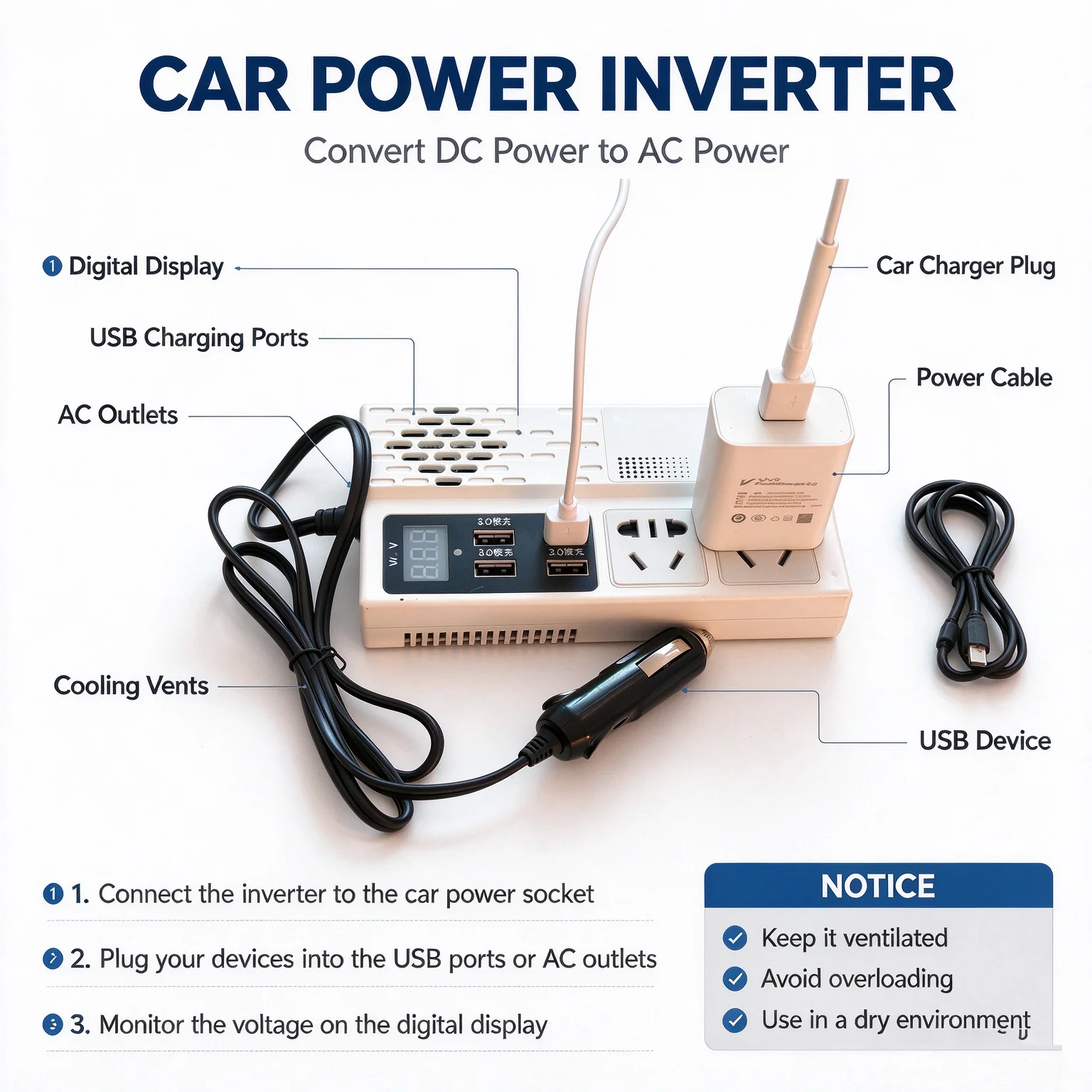 Portable Car Inverter 12V to 110V / 24V to 220V Outlet Adapter with 4 USB Ports Fast Charging Car Charger for Auto Truck SUV RV