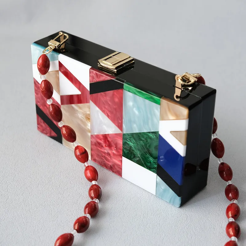 New Trendy Bags Fashion Women Handbags Red Green Sequin Striped Acrylic Luxury Party Evening Bag Woman Wedding Box Clutch Purse