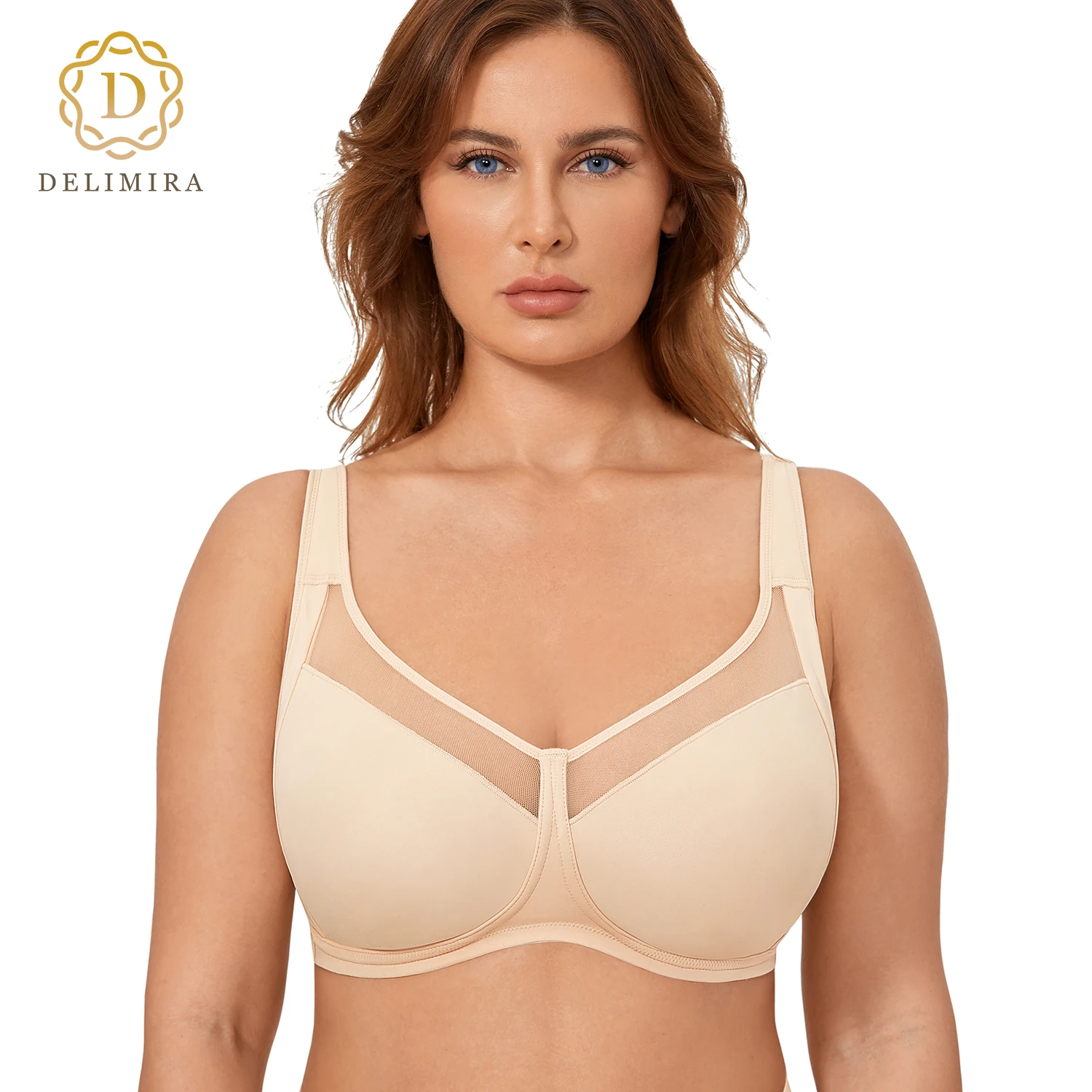 DELIMIRA Women\'s Minimizer Bra Plus Size Full Coverage Wire Free Unlined Mesh Neckline Support 34-46 B C D DD E F