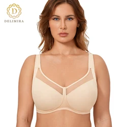 DELIMIRA Women's Minimizer Bra Plus Size Full Coverage Wire Free Unlined Mesh Neckline Support 34-46 B C D DD E F