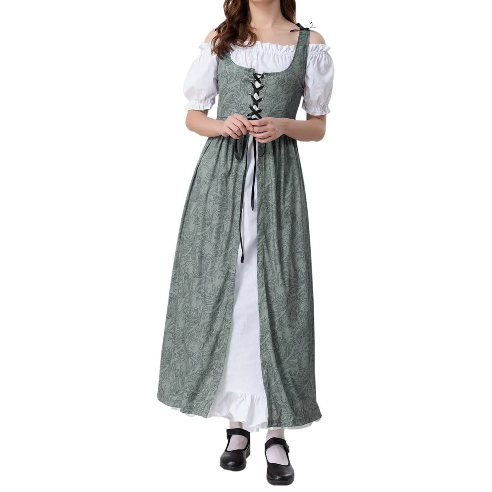 Women Middle Ages Retro Dresses Sweet Trend Cclassic Short Sleeve Splicing Dress Halloween Performance Cosplay Costumes