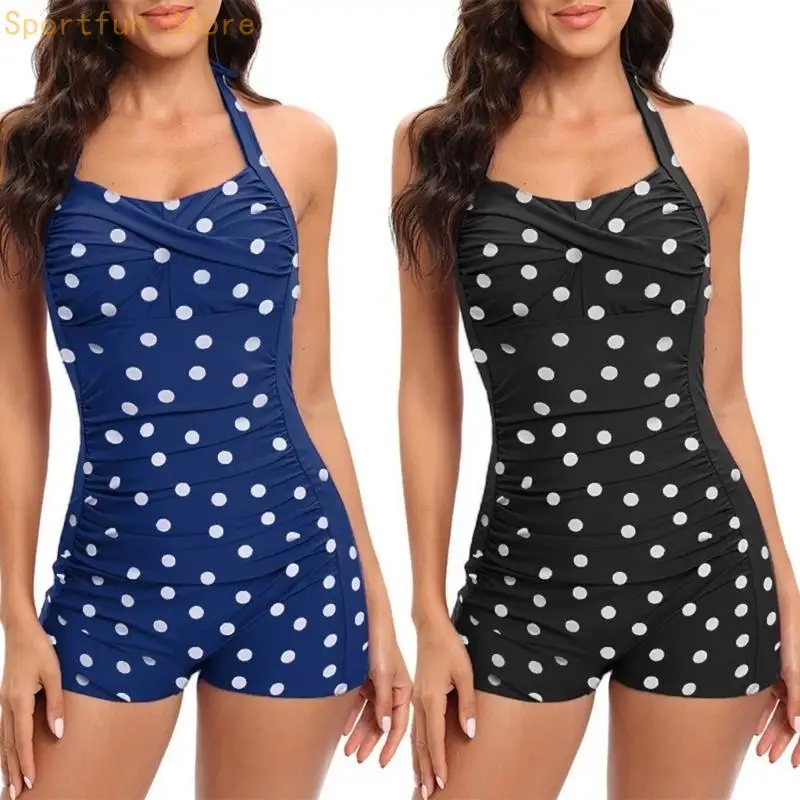 Women Retro Halterneck Conjoined Swimsuit High Waist Design Tummy Control Vintage 50s Swimwear Monokini Backless X7JD