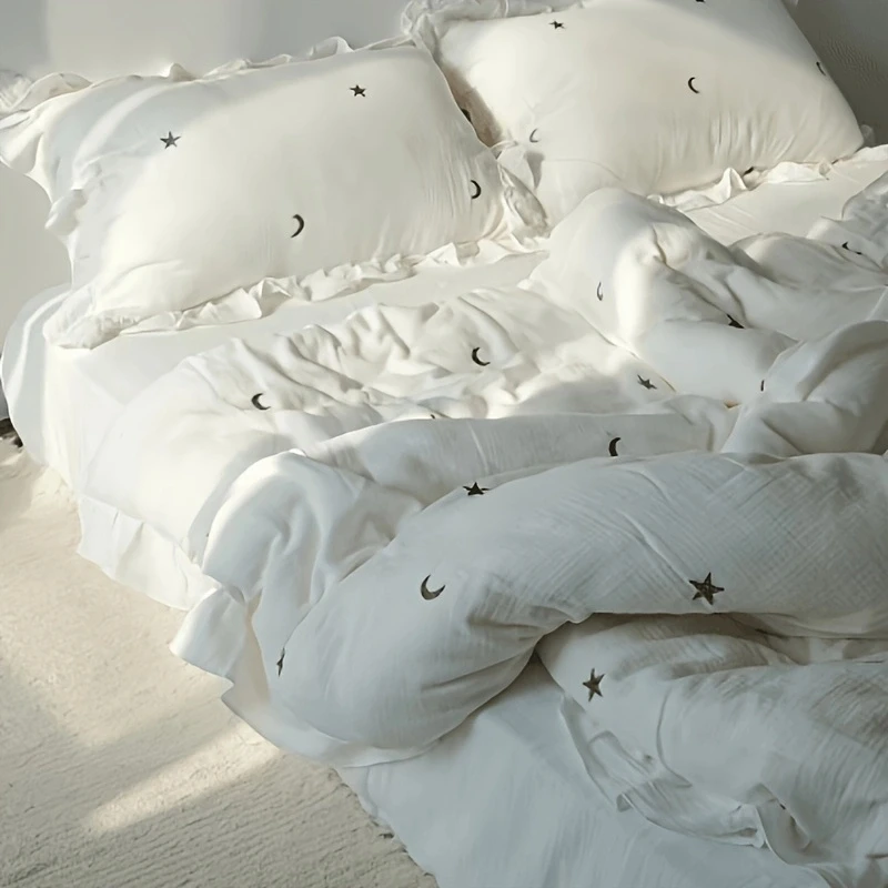 3Pcs Off White Star Moon Embroidered Duvet Cover Set Natural Wrinkle Soft Breathable1 Duvet Cover+2Pillowcases Spring Summer