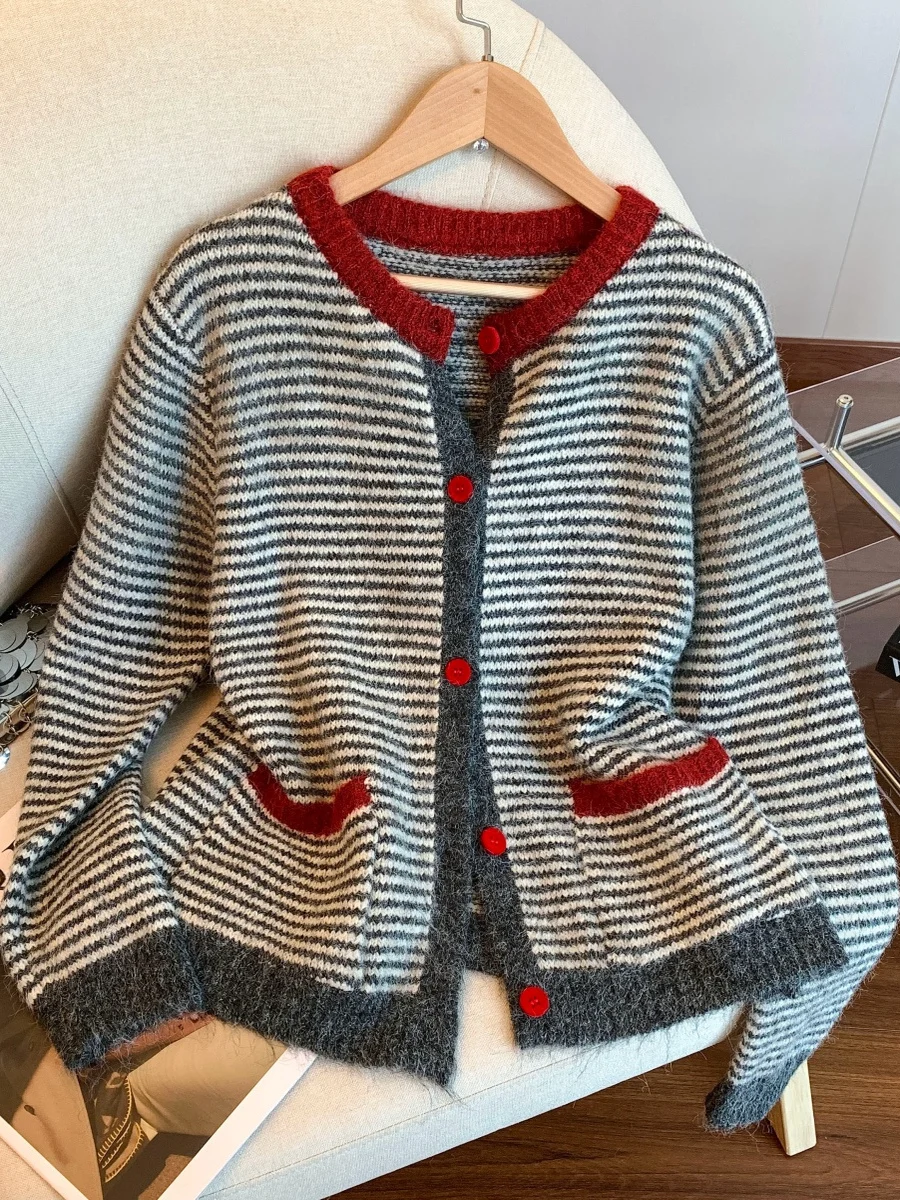 

Корейский дизайн, мягкая трикотажная женская верхняя одежда Long Sve, осень-зима, модное универсальное пальто в полоску, повседневный свитер