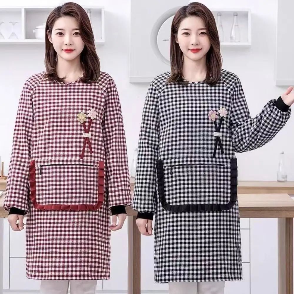 

Противообрастающий женский фартук с длинными рукавами, дышащий клетчатый дизайн, кухонный фартук для приготовления пищи, грязеотталкивающий маслостойкий комбинезон, фартук