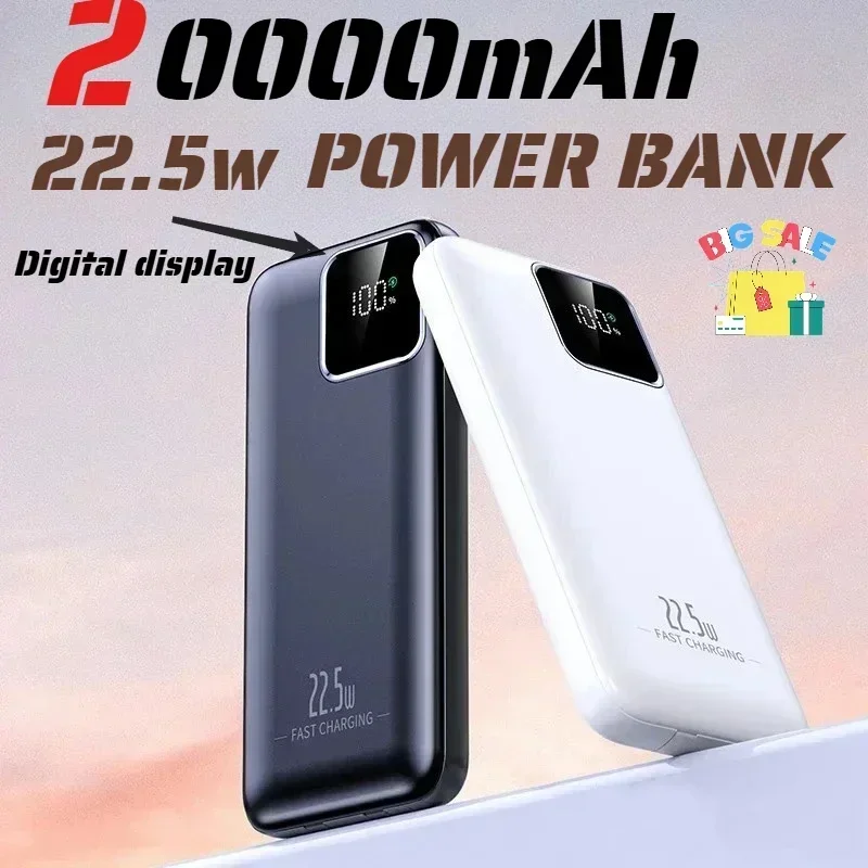 Portable External Battery 22.5W Fast Charging 30000mAh Built-in Cable with Digital Display for IPhone Xiaomi Huawei Powerbank