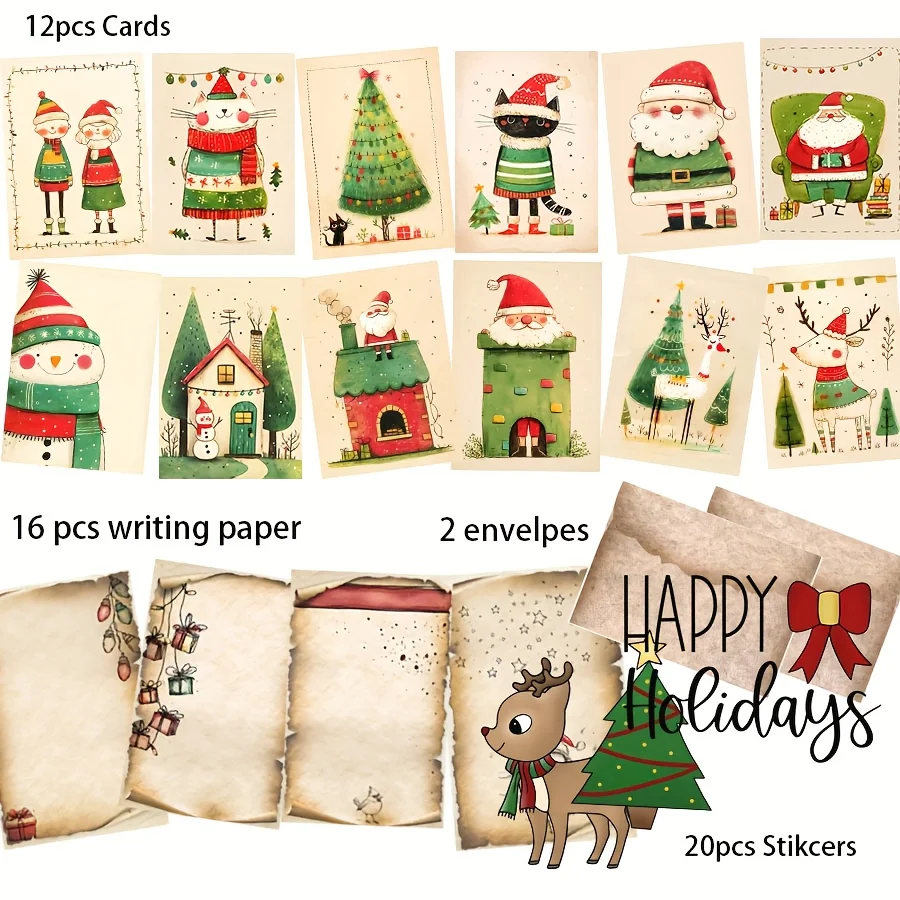 12 بطاقة + 16 ورق حروف + 2 مغلف + 20 ملصقًا مانع للتسرب لعيد الميلاد أنماط موضوع بطاقة بريدية لعيد الميلاد وعطلات ديكور العلم والحرف اليدوية #2