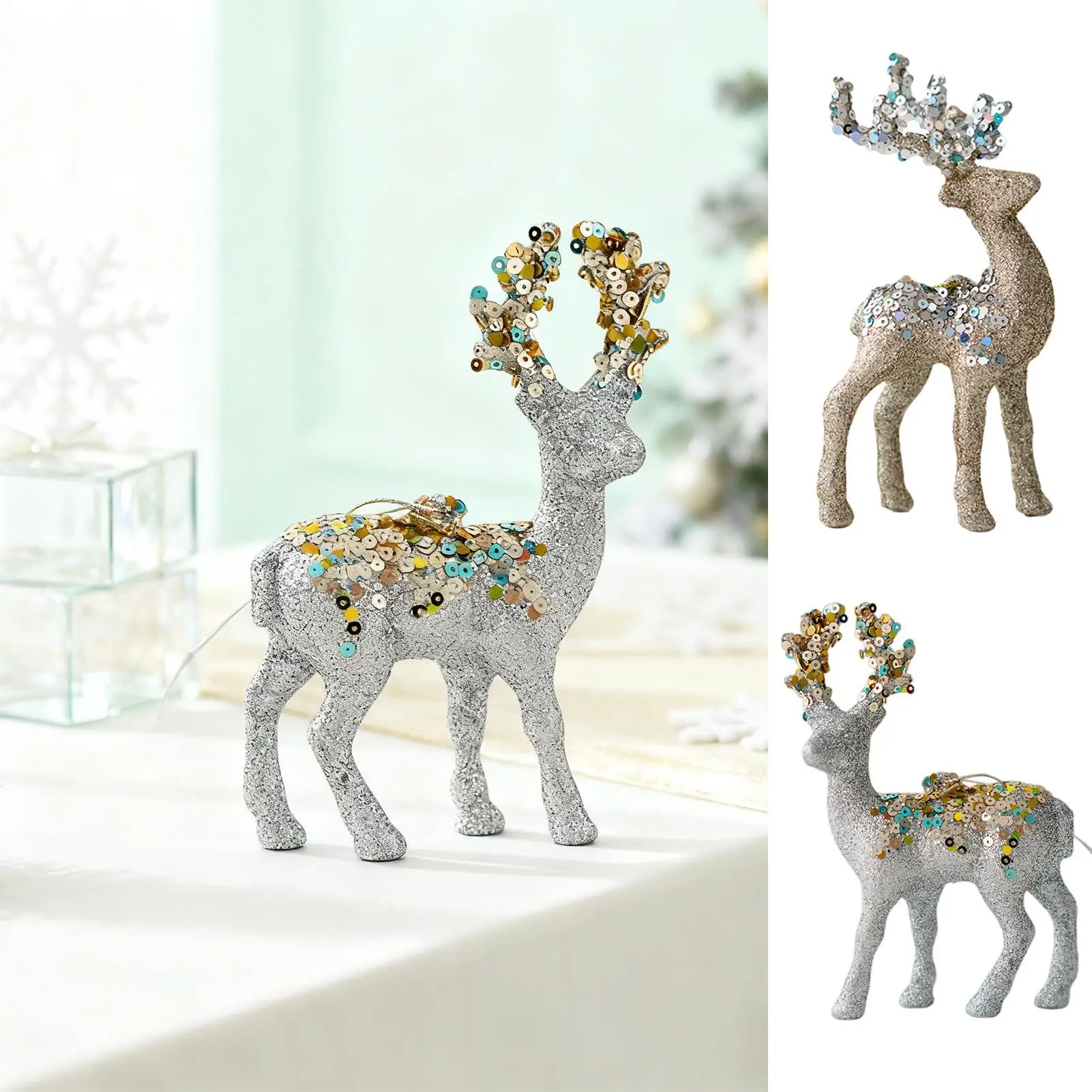 Christmas Figurines Reindeer Glitter Flocked Christmas Decoration Festive Statue Ornament For Collectors Photography Home Living