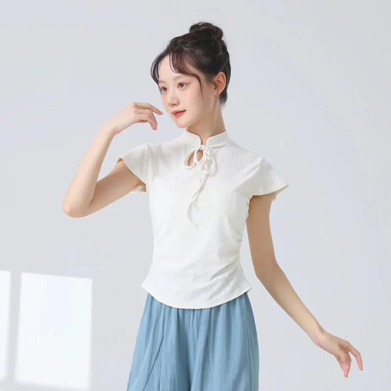 Nuovi abiti per la pratica della danza classica cinese, piccole maniche volanti da donna, maniche corte a fiori intrecciati, vestibilità slim quotidiana