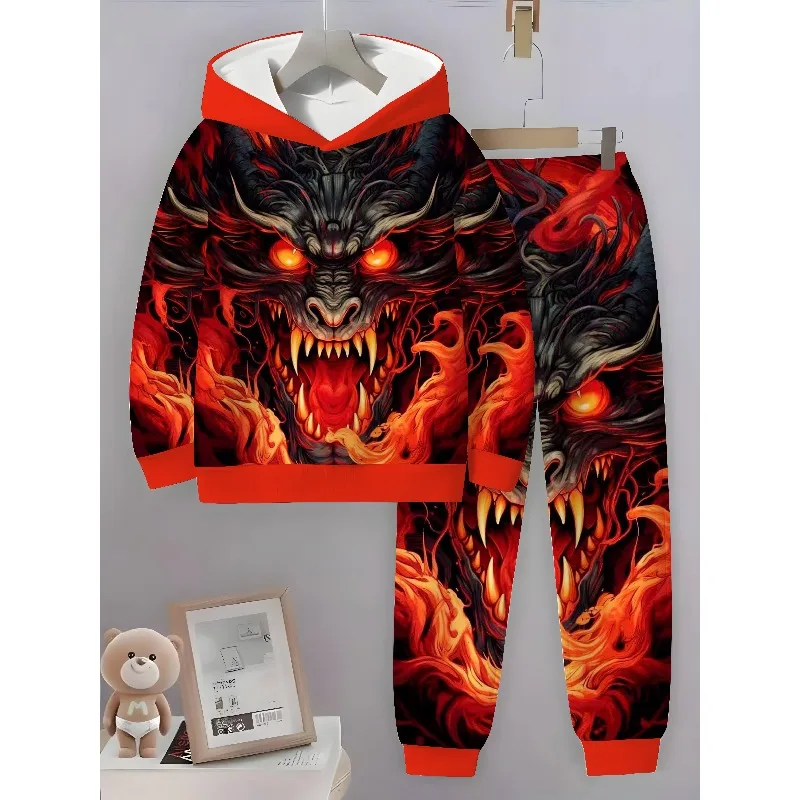 2025 Spring and Autumn Season New Two Piece Hoodie and Pants Set with 3D Colorful Dragon Pattern Printing Set