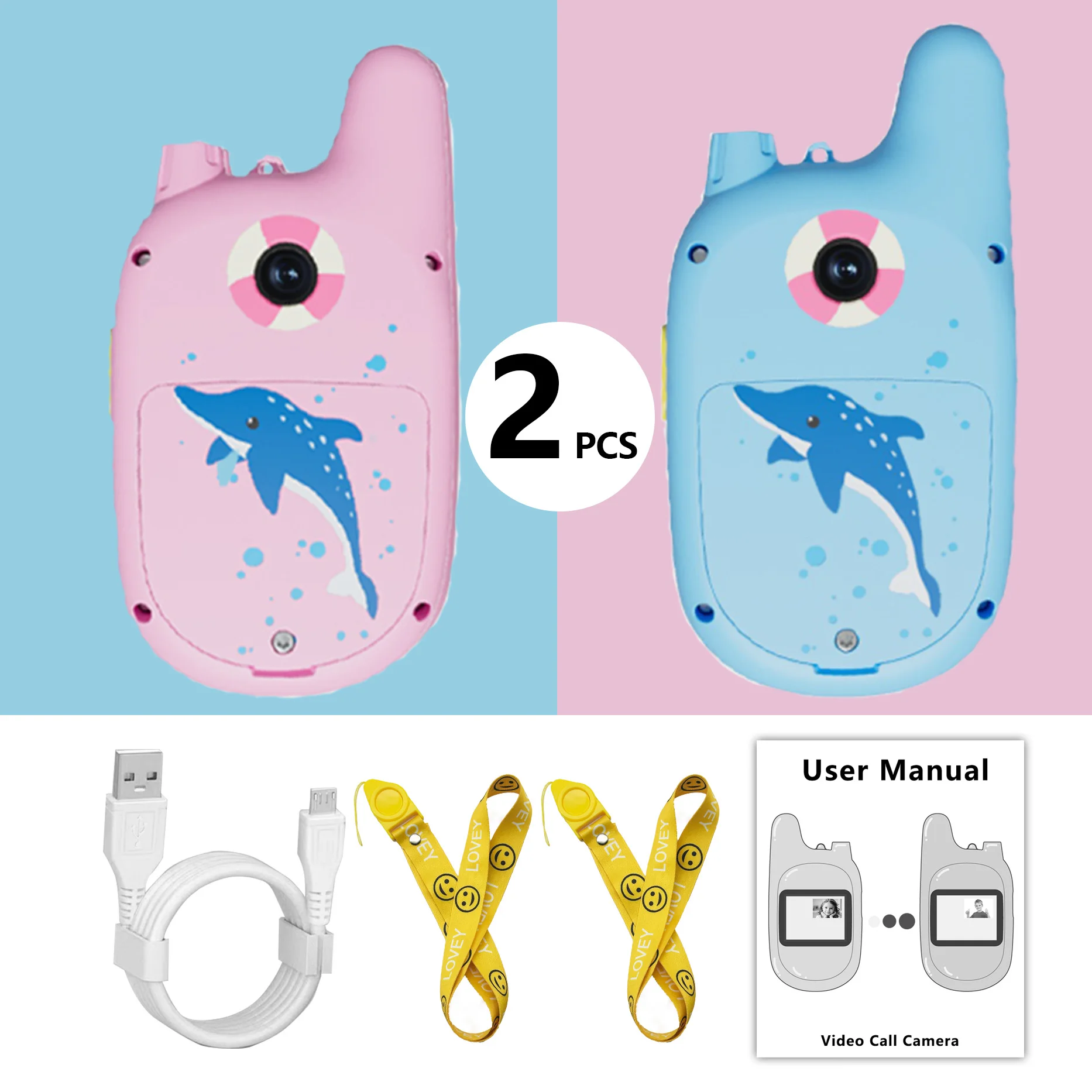 2개 어린이용 비디오 무전기 세트, 듀얼 무선 양방향 라디오, 700m 장거리, 4세 이상 남녀 어린이에게 적합