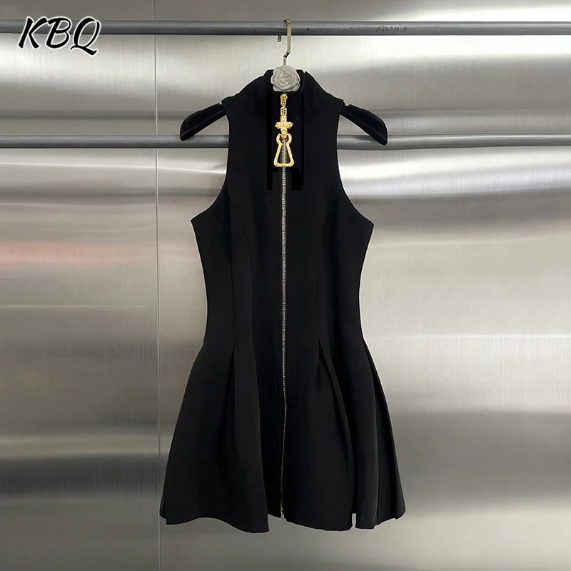 

KBQ Sexy Slim Temperament Mini Dress for Women Stand Collar Sleeveless Off The Shoulder Spliced Zipper Pleated Dresses Female