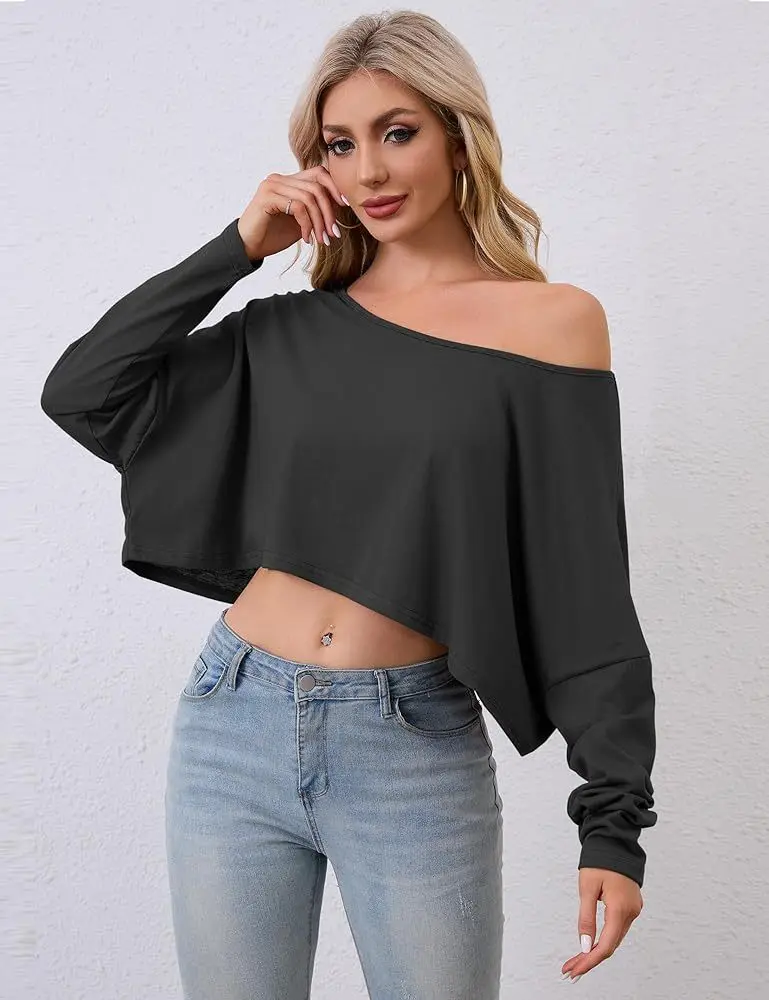 Damen Vintage 2000er Jahre Weiß Langarm Off-Shoulder Crop Top Streetwear Casual Harajuku Stil Lose T-Shirt für den Herbst