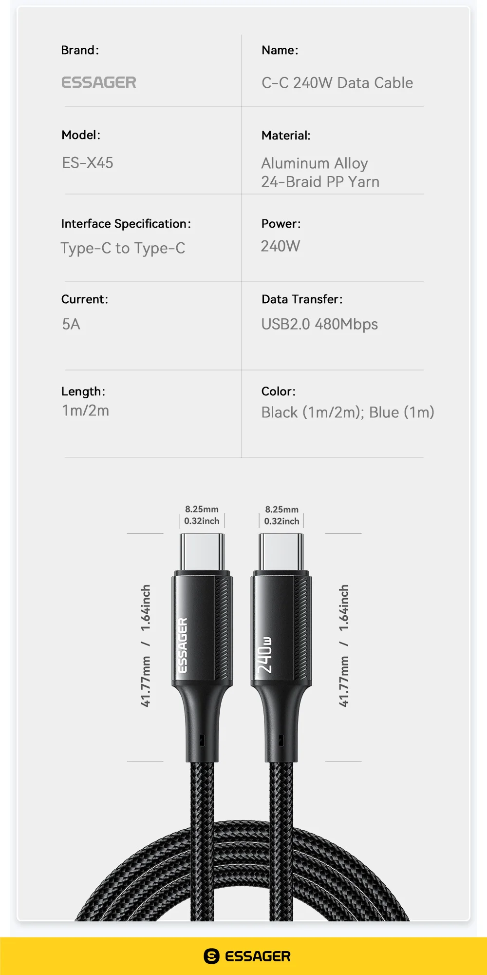 Essager 240W USB Type C To USB C Cable For Macbook iPad Samsung Huawei PD Fast Charging Charger Cord 5A E-Marker Chip Fast USB C