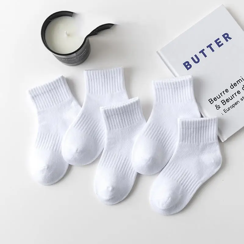 5 Pairs Solid Color Kids School Socks Breathable Sports Socks White Student Uniform Socks for Boys Girls 1-13 Years