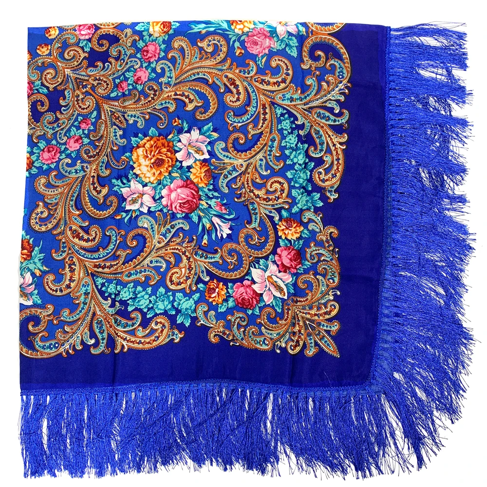 135*135 Russian National Square Scarf Women Luxury Floral Print Fringed Ukrainian Shawl Babushka Handkerchief Head Wraps