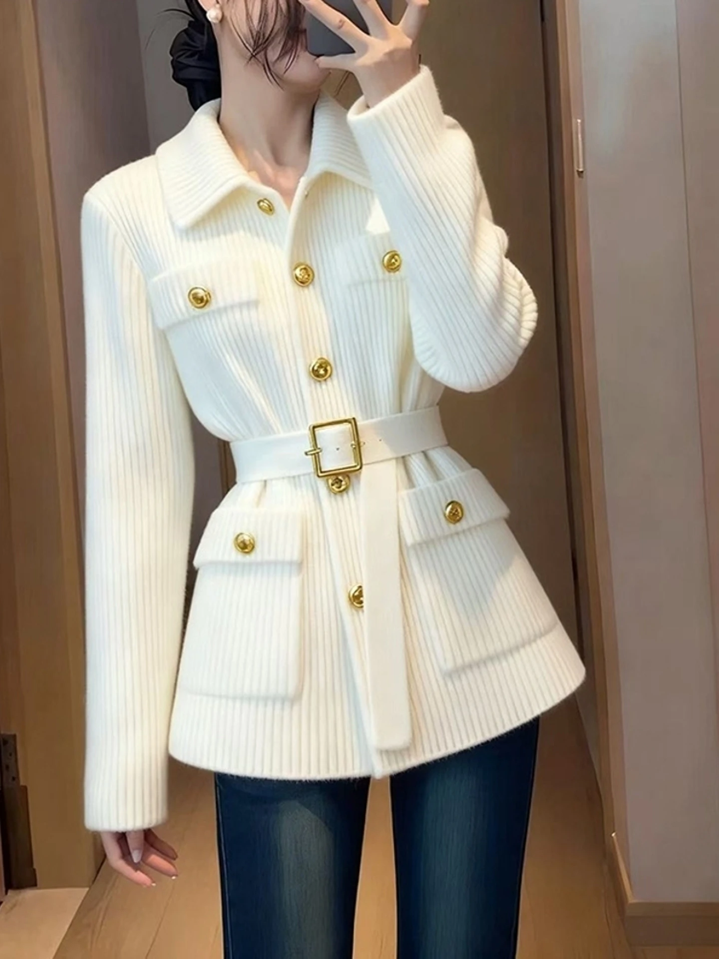 سترة نسائية من Ele White Knitted Jaet بحزام أنيق لموسم الخريف وملمس راقي للتنقل طويل Sve عادي...