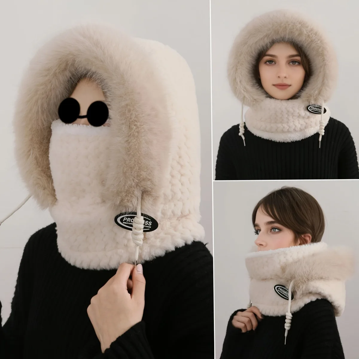 مجموعة وجه Lei Feng مقاومة للرياح سميكة باللون الأسود/الأبيض من الفرو الصناعي غير مضمونة - قناع ركوب الدراجات المقاوم للبرد #1