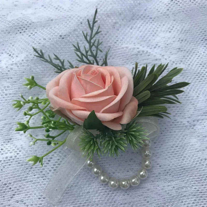 Boutonniere de casamento rosa pérola peito flor pulso flor pulseira de casamento para dama de honra pulso corsage dama de honra irmãs