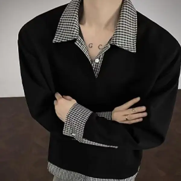 New Fake Two-piece Patchwork Plaid Polo Long Sleeved Sweatshirt for Men, with A Lapel for Autumn and Winter