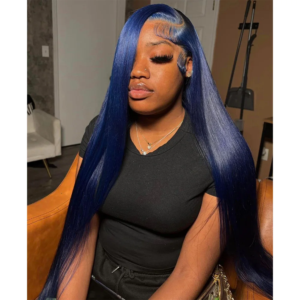 Linhua Brazilian Navy Blue Straight 13X4 Transparent Lace Wigs Remy 13X6 Lace Frontal Wig 10-30 Inch Preplucked With Baby Hair