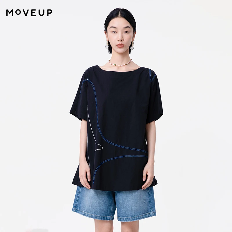 

MOVEUP Short Sleeves Round Neck T-Shirt 2026 Summer New Pure Cotton Hollow Out Embroidered Casual Loose Top For Women 125220427