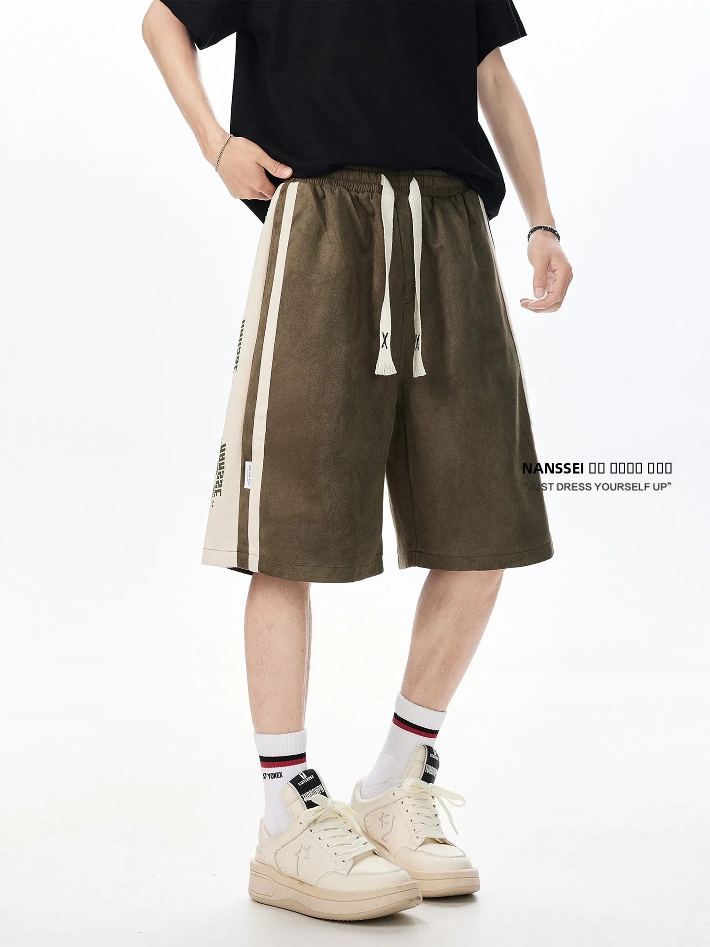 

American Sle Spliced Suede Casual orts Men's Summer New Cool Loose Five-Point Pants Straight Leg Elastic Waist Youth Faion