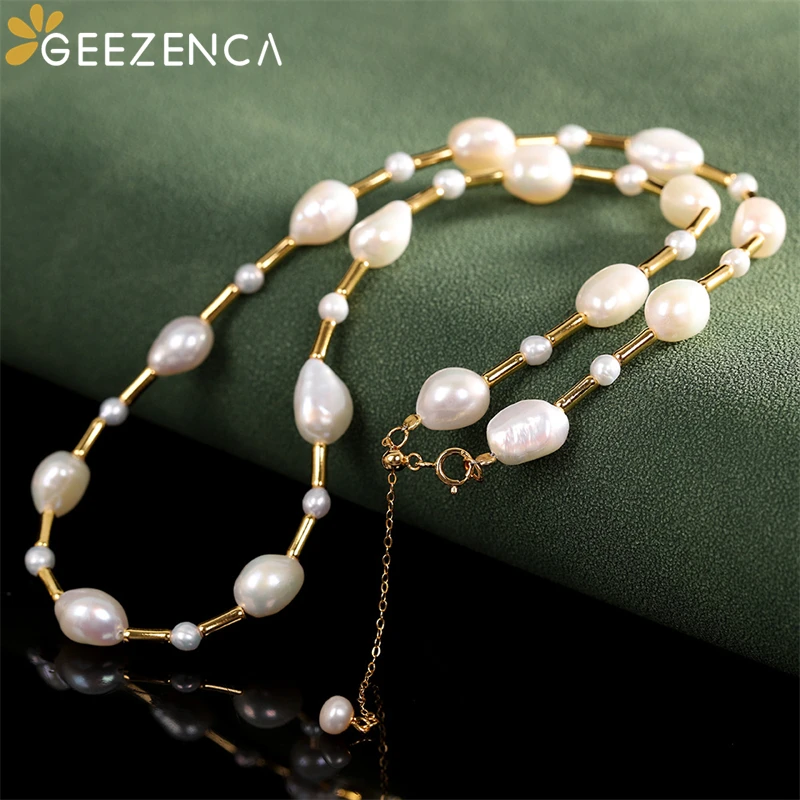 GEEZENCA Natural Baroque Pearl Beads 925 Silver 40cm Chokers Necklace For Women Luxury Trendy 18K Gold Necklaces 2023 New Gift