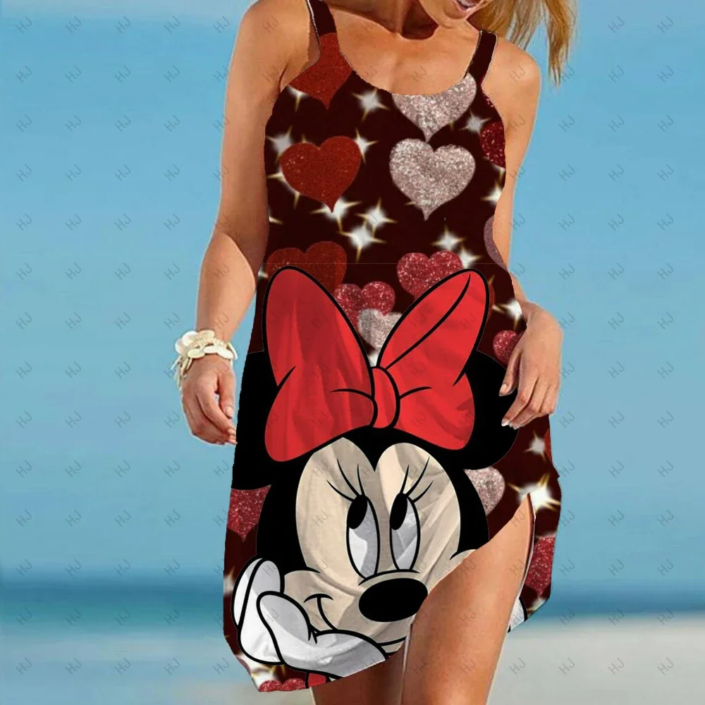 Disney-Robe imprimée Minnie Mouse pour femme, col rond, écharpe sexy, design de robe de plage élégant, amour, hors initié, été