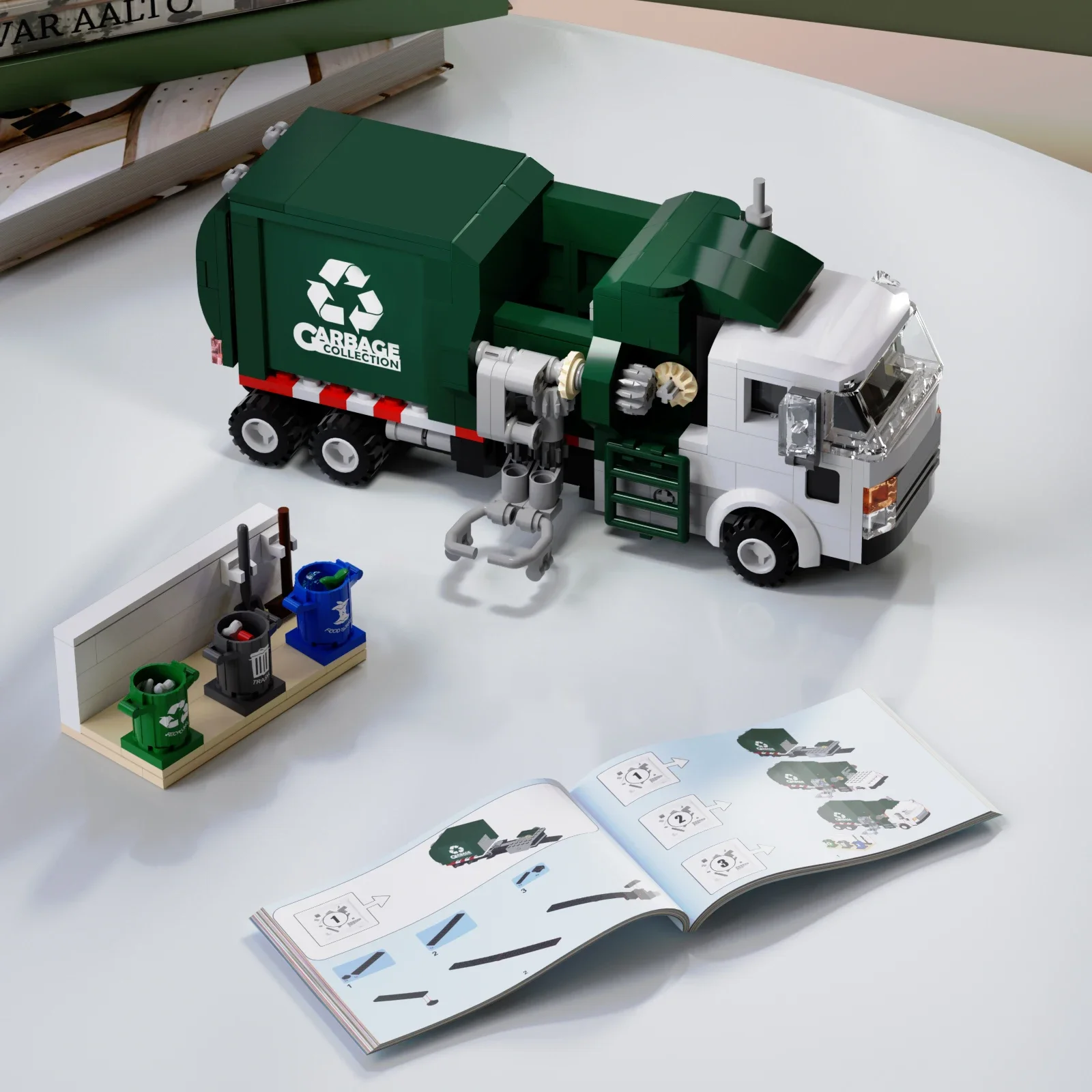 BuildMoc Garbage Truck Model Hightech Green White Car City Cleaner Children Diy Toy Building Blocks for Kids Birthday Gift