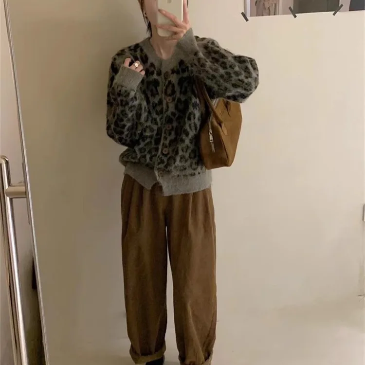 Осенне-зимний вязаный свободный свитер в стиле ретро с леопардовым принтом, свободный верхний кардиган