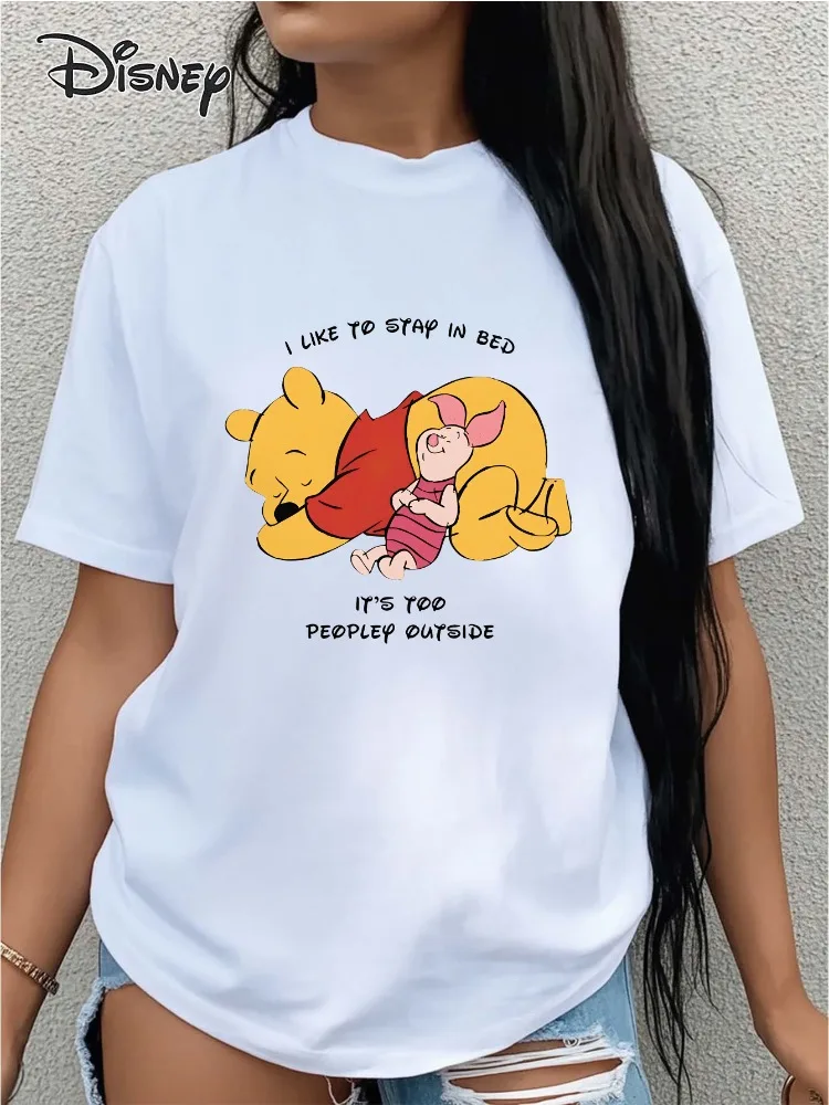 

Disney Winnie The Pooh and Piglet Pattern Women's T-Shirt I Love Staying in Bed—it's Too Noisy Outside Cute Casual Short Sleeve