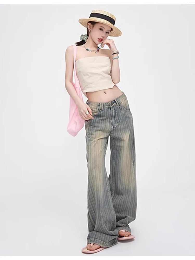 Y2K Low Waist Jeans Women American Retro Vintage Striped Slim Hanging Straight Wide Leg Floor Length Pants