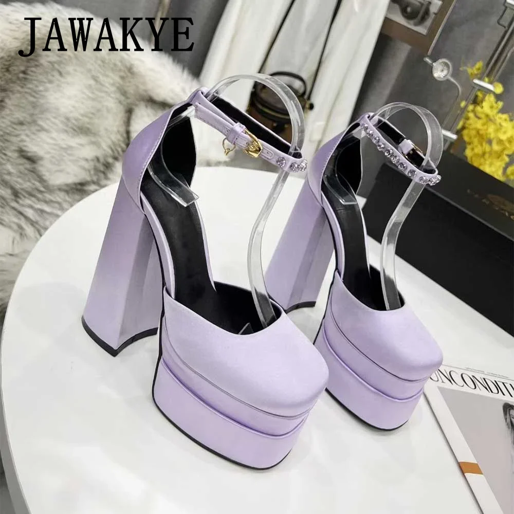 Elegant Women Mary Jane Shoes Satin Platform Super High Heel Party Shoes Square Toe Chunky Heel Crystal Women Wedding Shoes