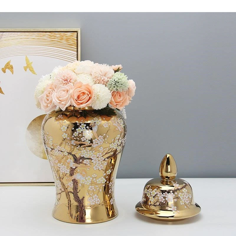 Plum Pattern Gold-plated Storage Jar Ceramic Ginger Jewelry Cosmetic Container Desk Decoration Flower Arrangement Vases