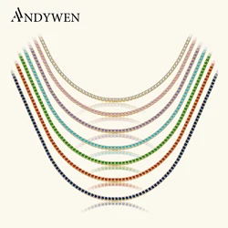 ANDYWEN 925 Sterling Silver 1.5mm Tennis Zircon Charm Long Chain Necklace Rock Punk Fashion Fine Jewelry Gift Wedding Party