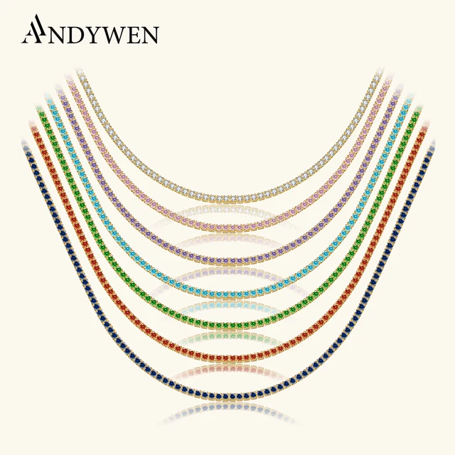 ANDYWEN Srebro Próby 925 Naszyjnik z Długim Łańcuszkiem i Cyrkoniami w Stylu Tenisowym 1.5mm, Biżuteria Rock Punk, Elegancki Prezent na Ślub i Imprezę