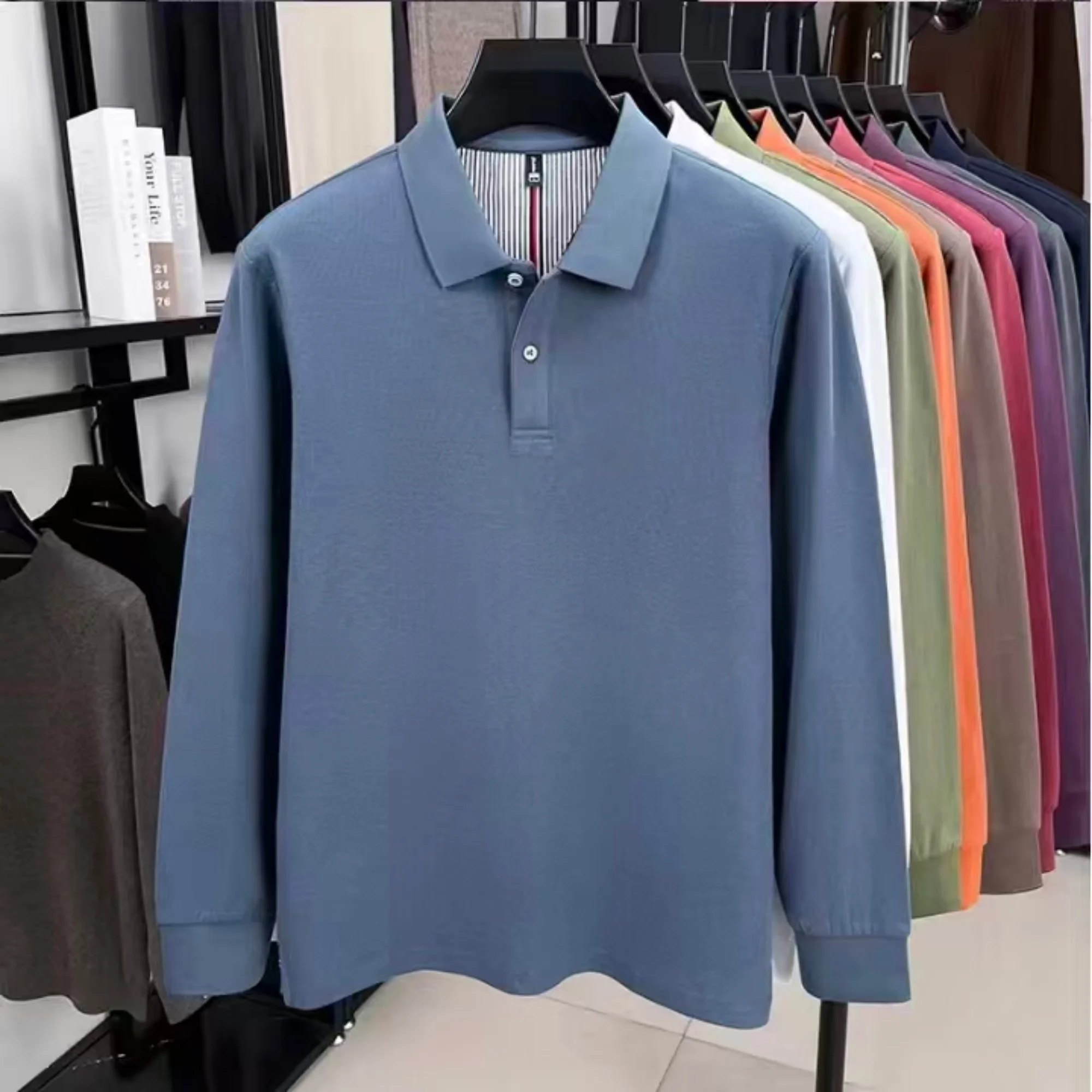Hochwertiges Herren-Poloshirt aus reiner Baumwolle mit langen Ärmeln, exquisitem Luxuskragen, atmungsaktivem Komfortstoff, vielseitig für den Alltag geeignet. – Detail 17