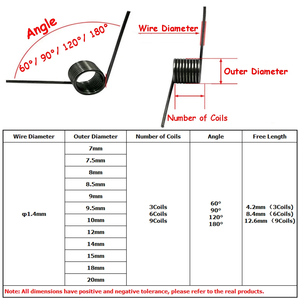Yiqianyuan 10 szt. 1,4 mm sprężyna skrętna ze stali sprężynowej 3/6/9 cewek Opcje Kąty 60/90/120/180 dla majsterkowiczów i projektów domowych