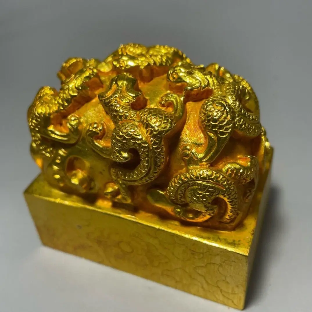 Gilt Nine-Dragon seal coiling dragon auspicious beast seal Ornament Decoration Tea Pet Figurines Desk Decor Accessories