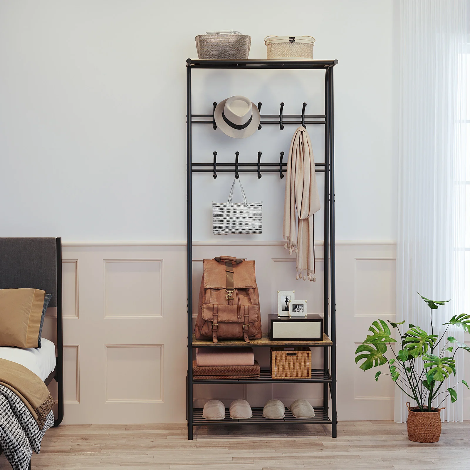 Hall Tree with Bench, 10 Hooks & Shoe Storage Shelf – Heavy Duty Steel Frame Entryway Coat Rack, 350lb Capacity, Wood Look Accent for Mudroom, Living Room, Bedroom